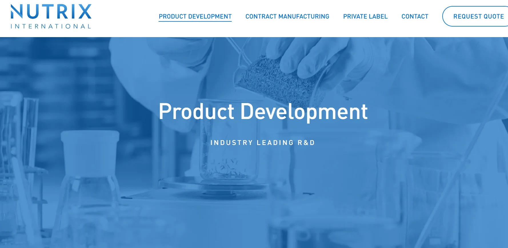 Nutrix International website banner showcasing product development in a laboratory setting with beakers and a researcher.
